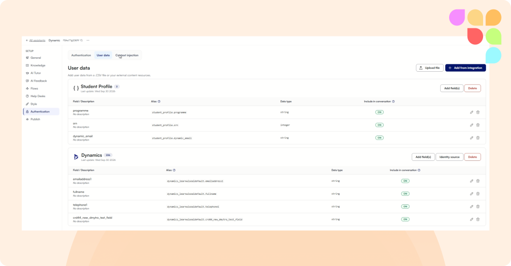 User data page with Microsoft Dynamics 365 fields