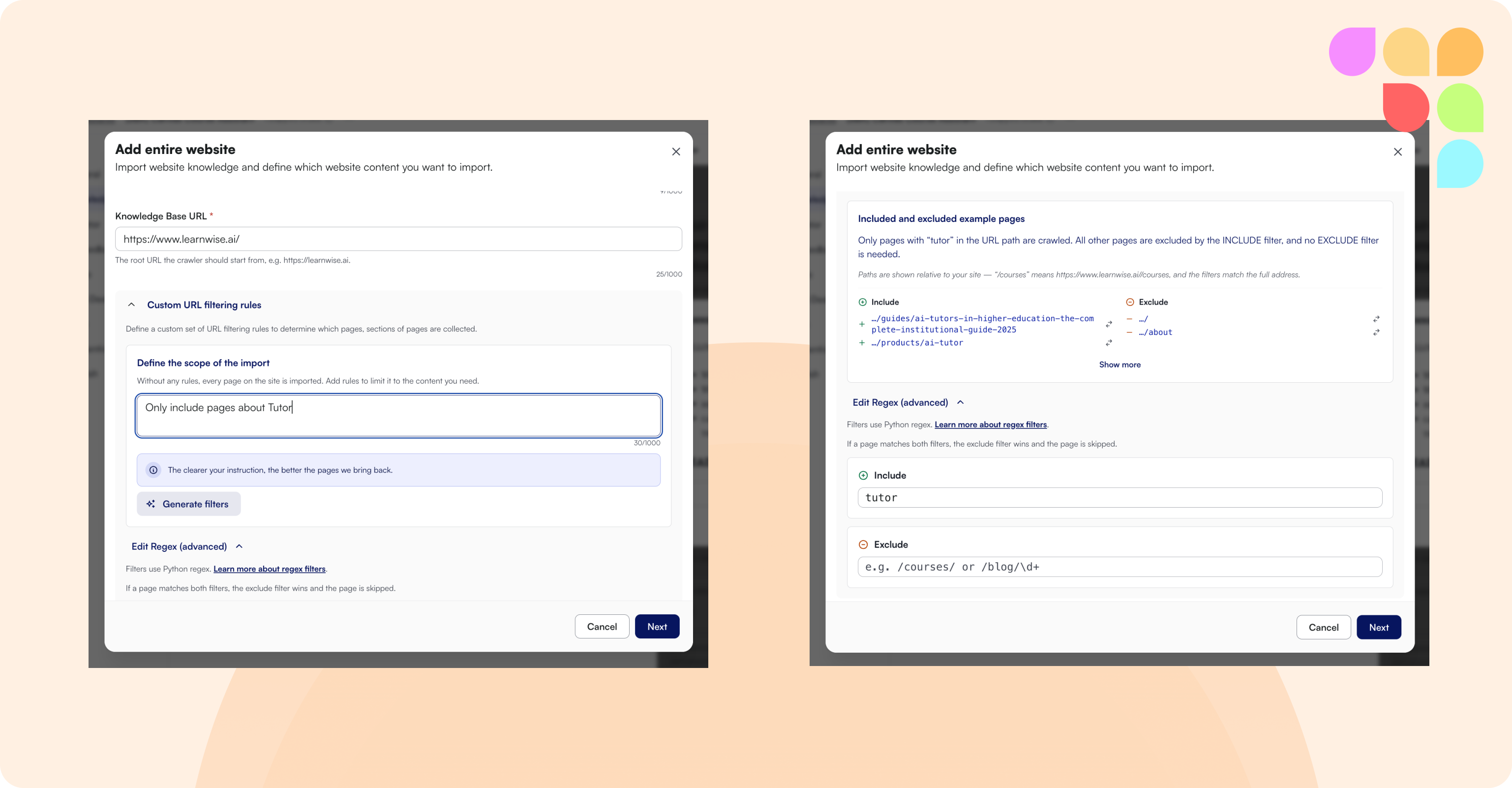 Add entire website dialog with AI-written include and exclude URL rules